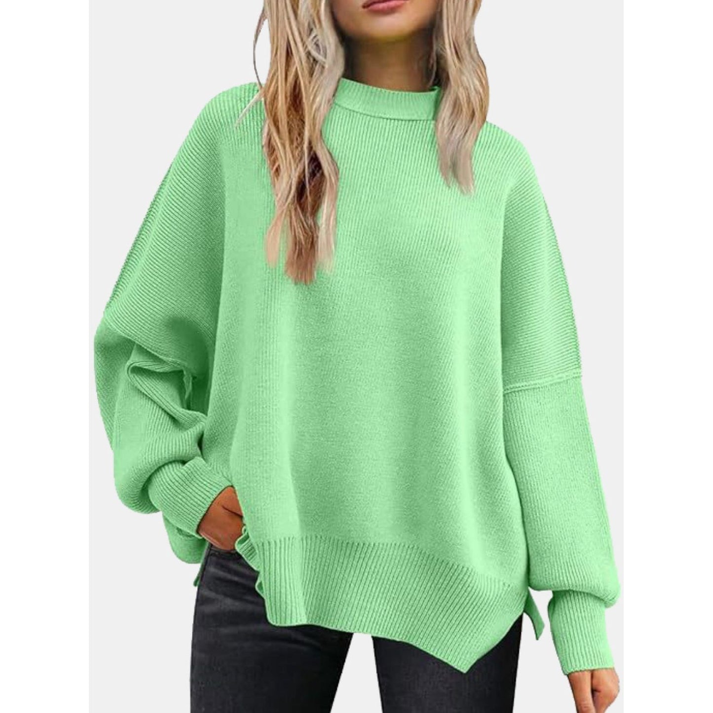 Round Neck Drop Shoulder Slit Sweater