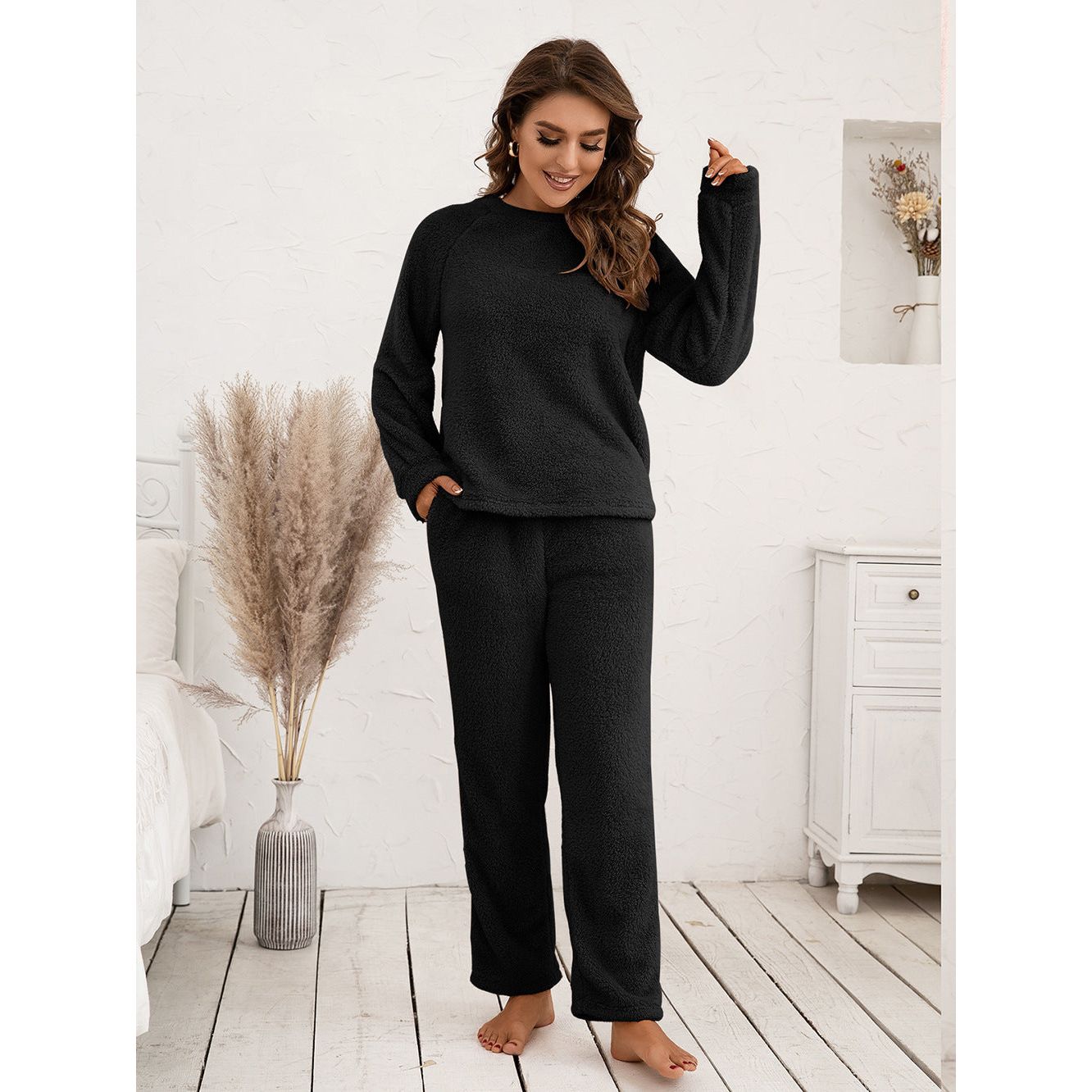 Ivy Lane Teddy Long Sleeve Top and Pants Lounge Set