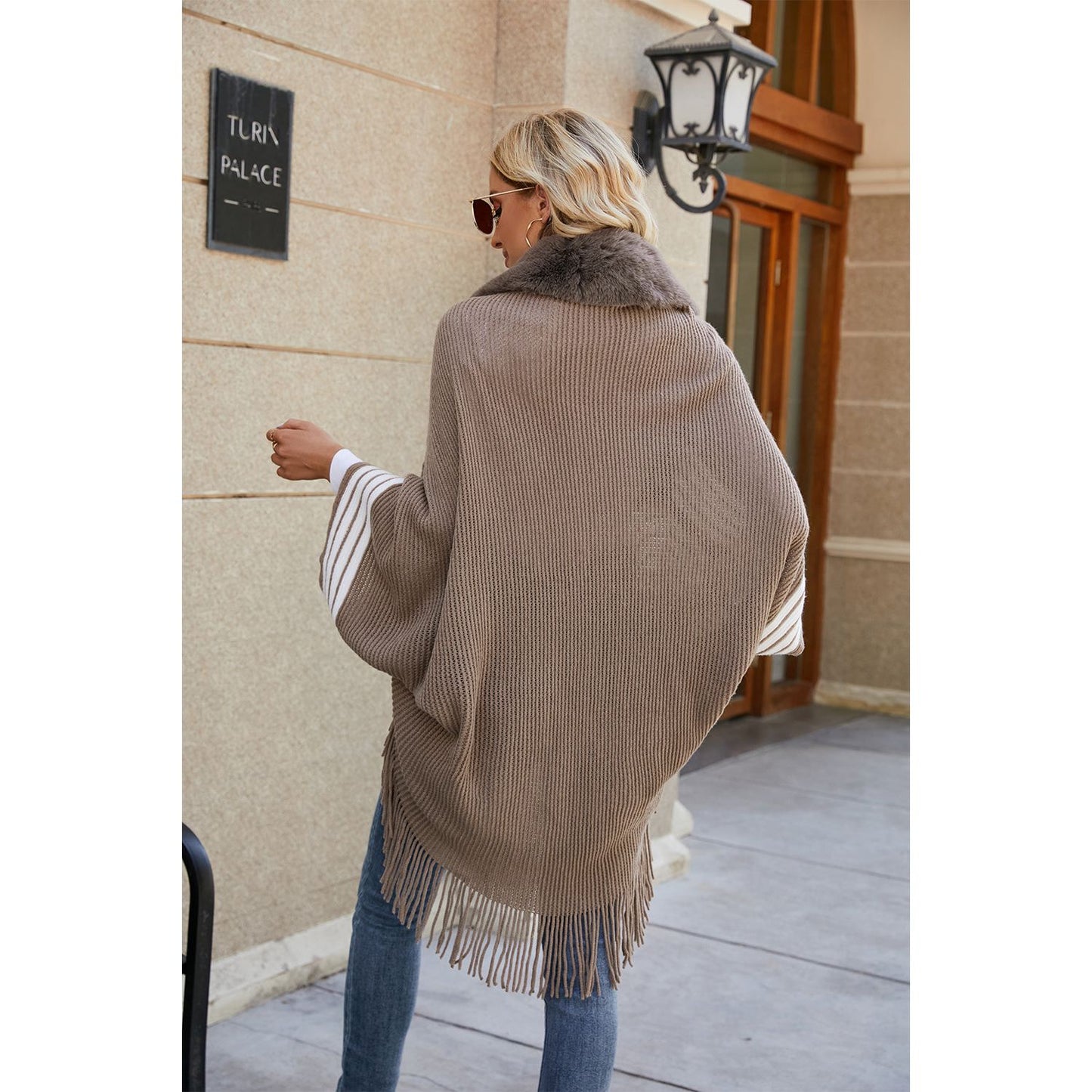 Striped Fringe Detail Long Sleeve Poncho