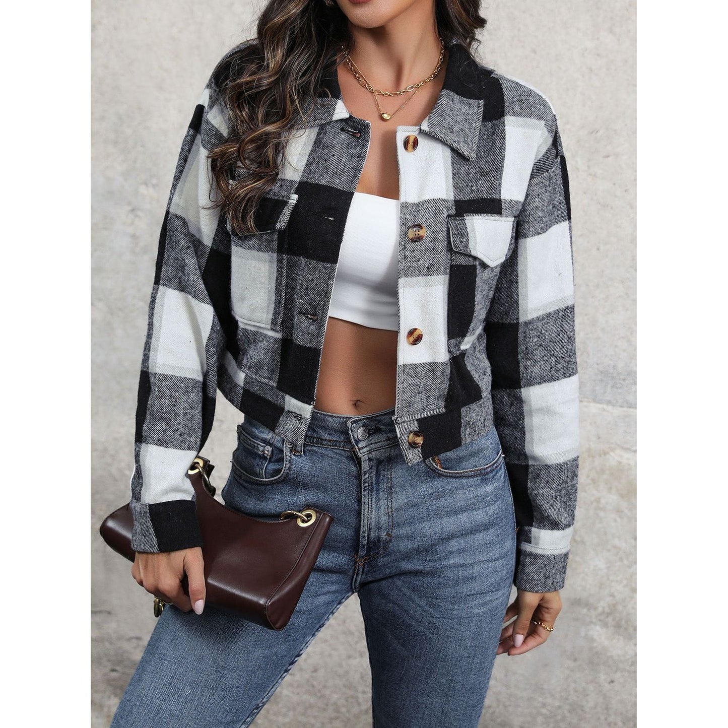 Perfee Plaid Button Up Drop Shoulder Cropped Jacket