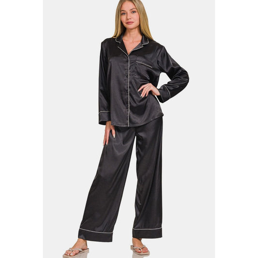 Zenana Satin Long Sleeve Shirt and Pants Pajama Set