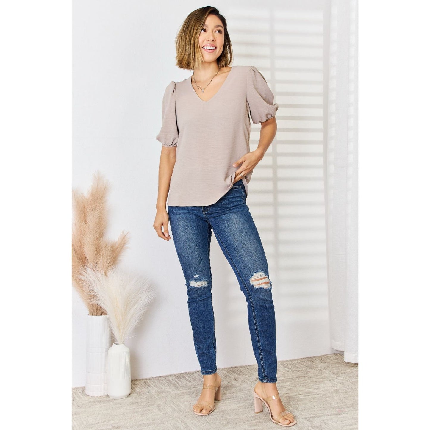 Zenana V-Neck Puff Sleeve Top