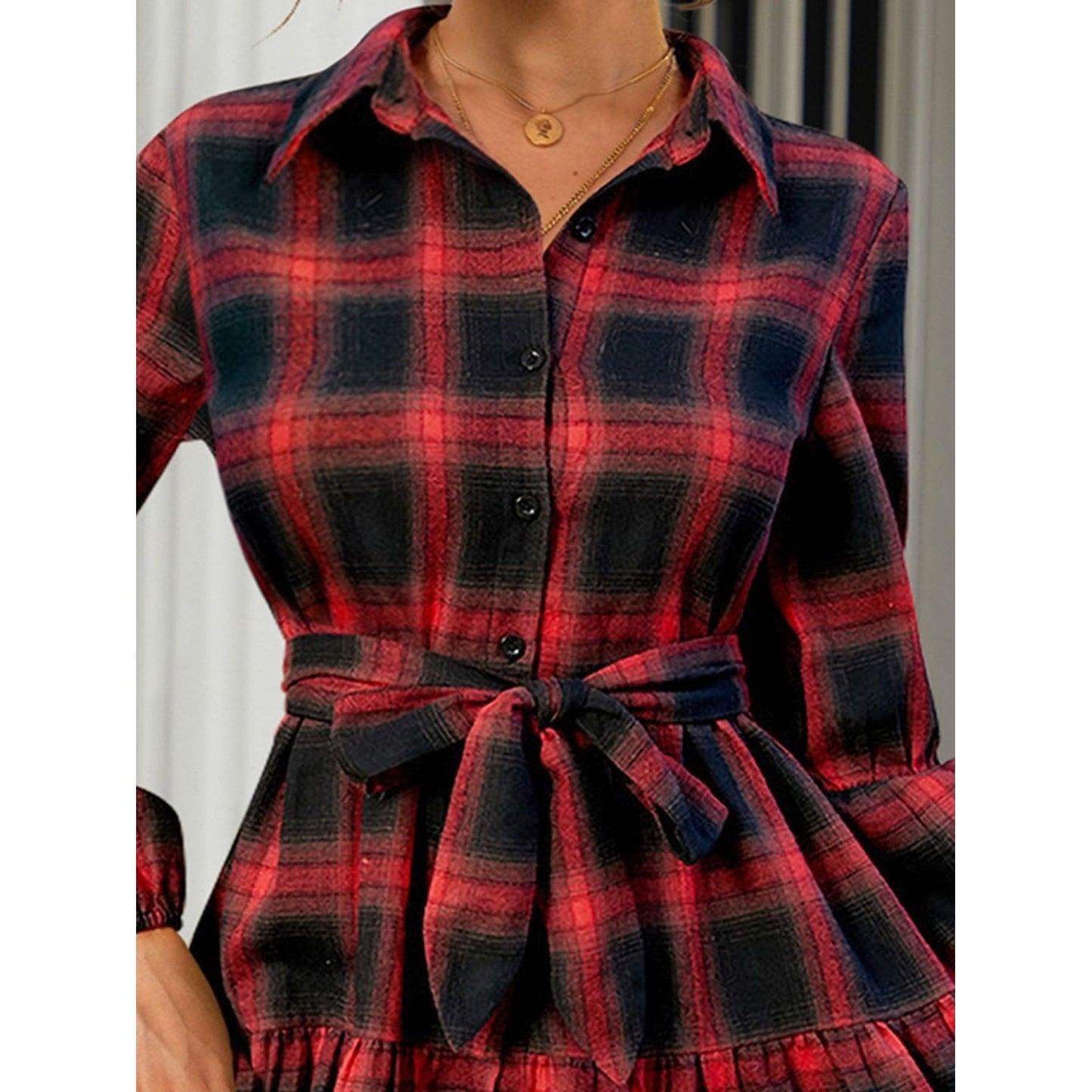 FAM-FAM Tied Plaid Long Sleeve Mini Dress