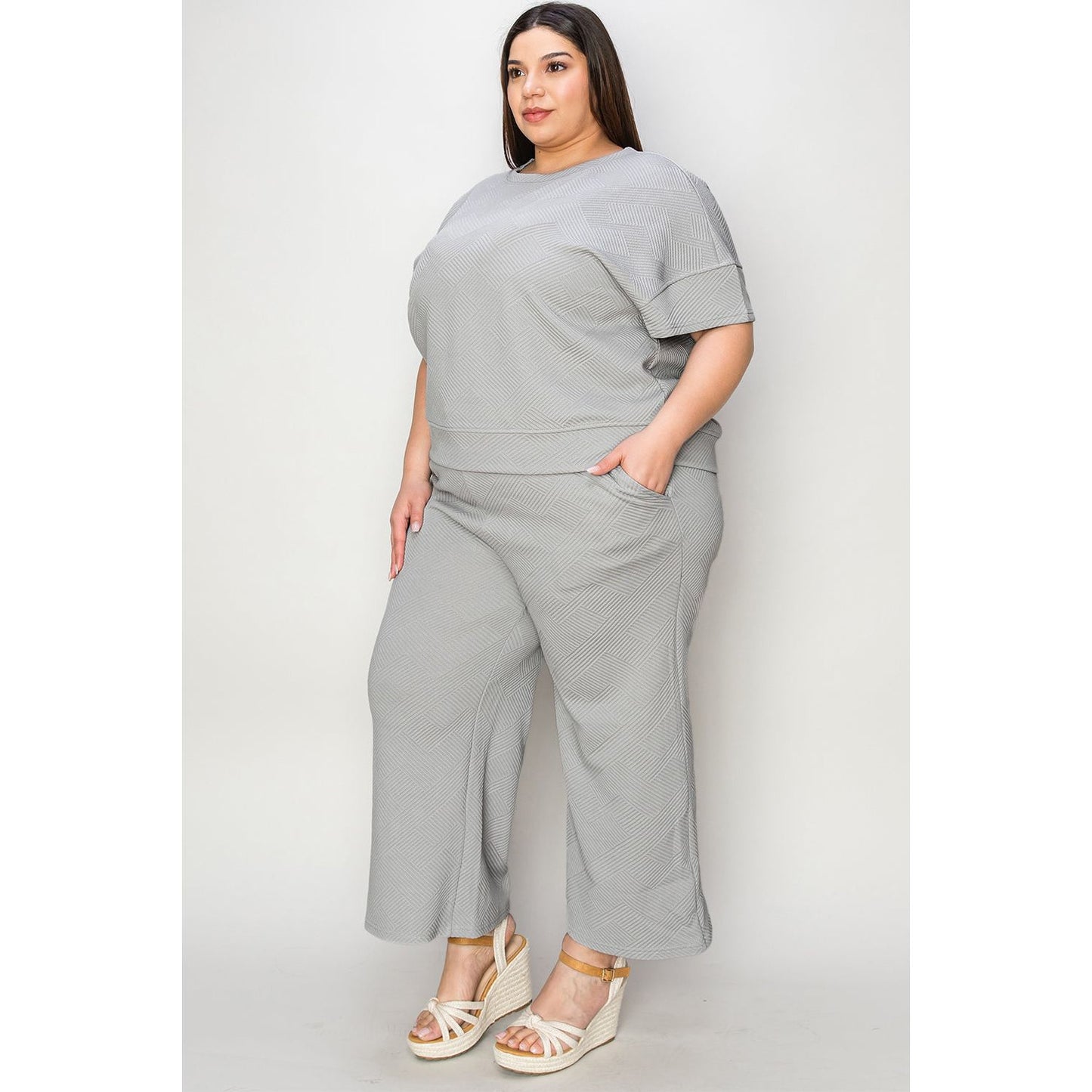 Double Take Full Size Texture Short Sleeve Top and Pants Set