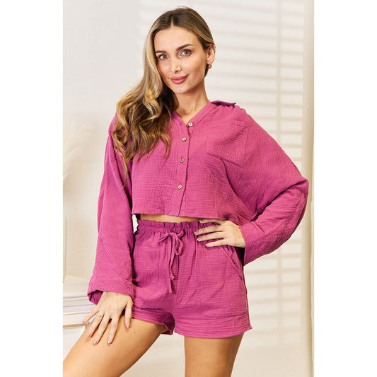 Basic Bae Buttoned Long Sleeve Top and Shorts Set