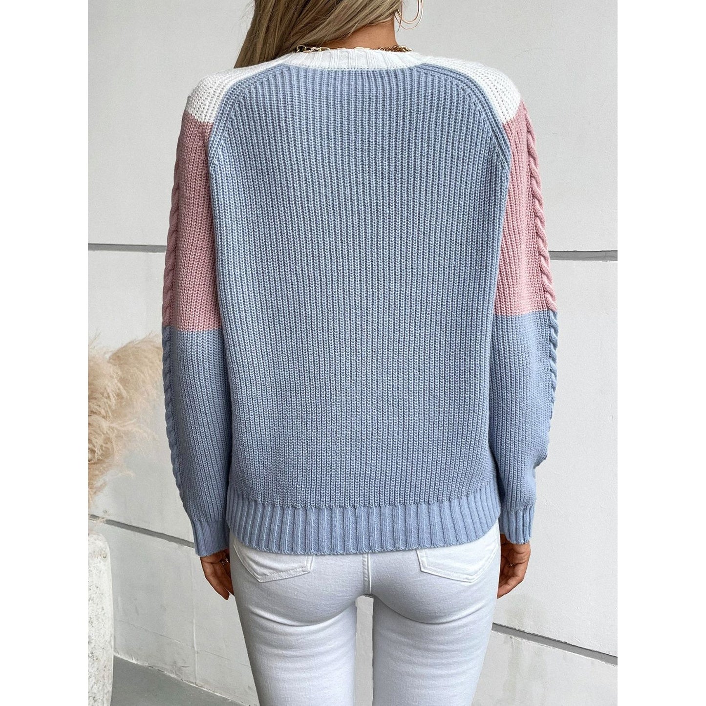 Color Block Round Neck Long Sleeve Sweater