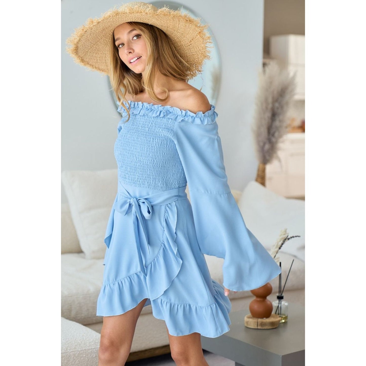 BiBi Smocked Ruffled Front Tie Mini Dress