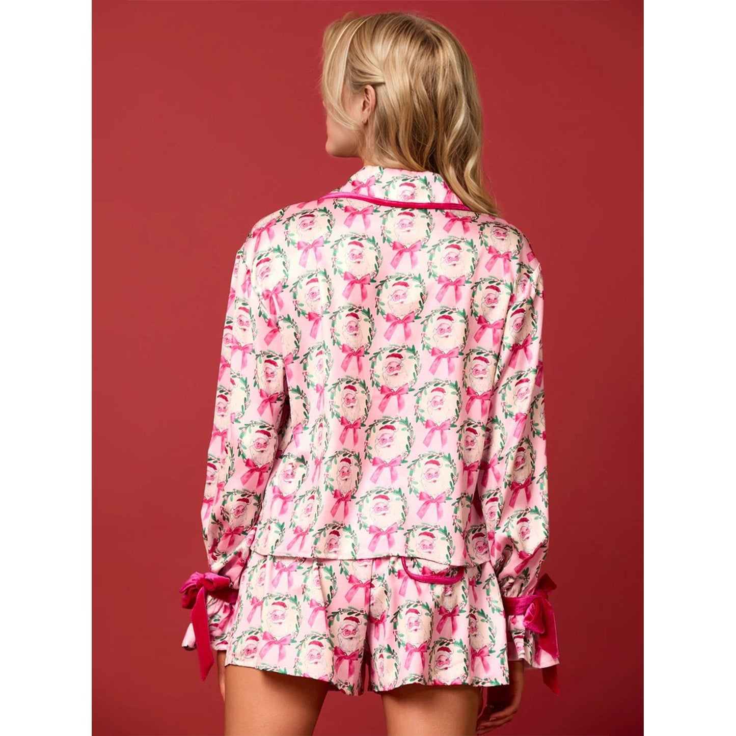 Tied Printed Collared Neck Long Sleeve Top and Shorts Set