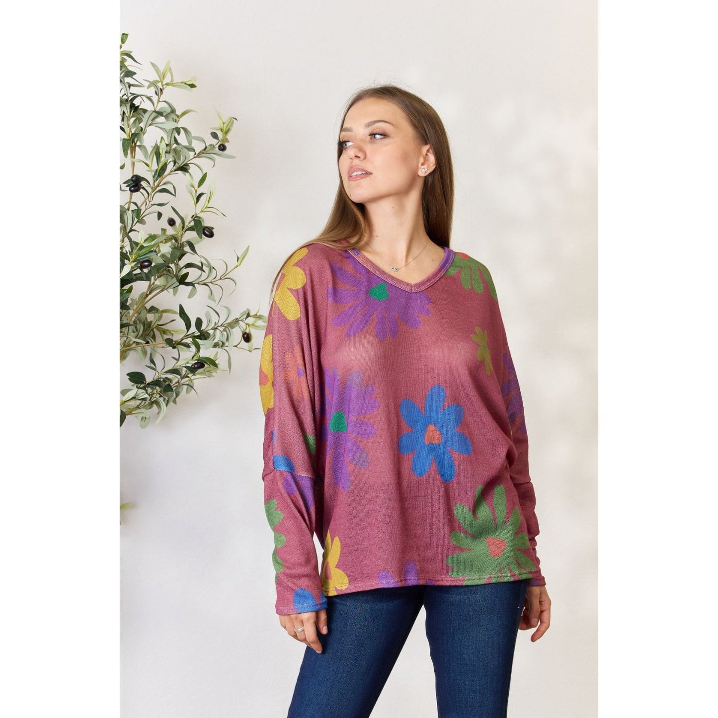 Hopely Full Size Floral V-Neck Long Sleeve Top