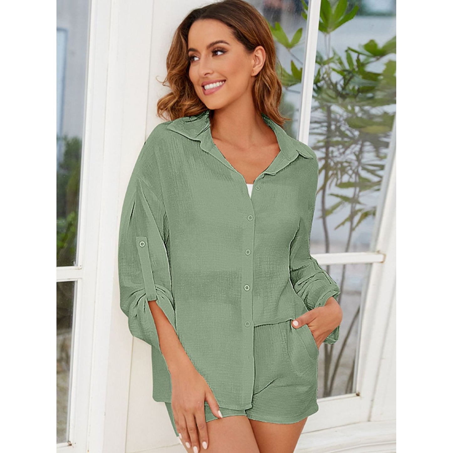 Button Up Long Sleeve Top and Shorts Set