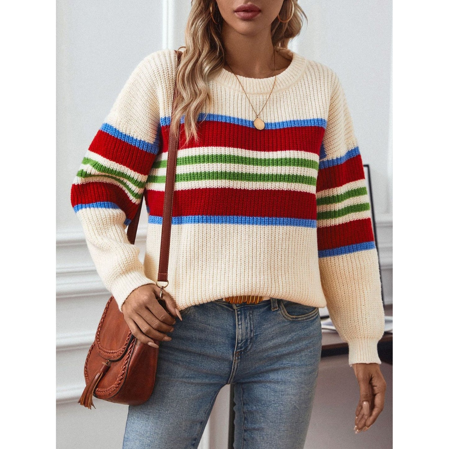 Contrast Stripes Round Neck Long Sleeve Sweater