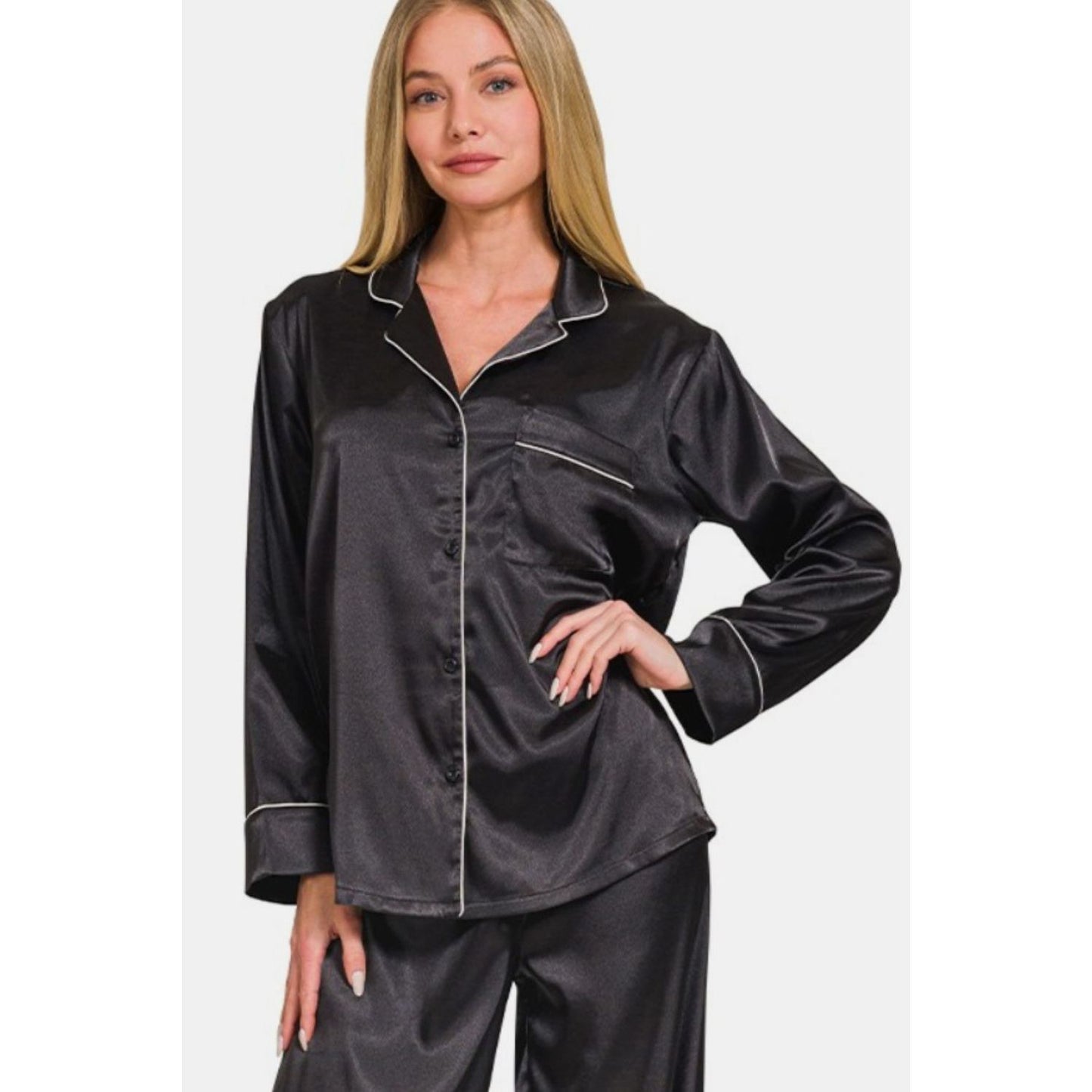 Zenana Satin Long Sleeve Shirt and Pants Pajama Set