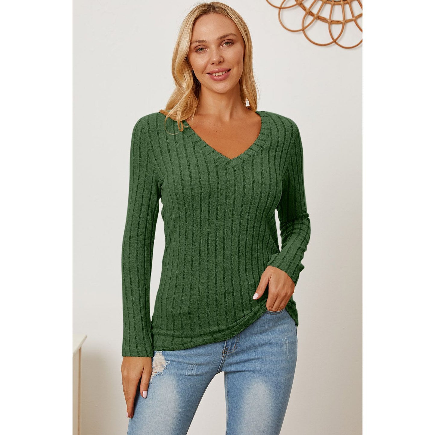 Basic Bae Full Size Ribbed V-Neck Long Sleeve T-Shirt