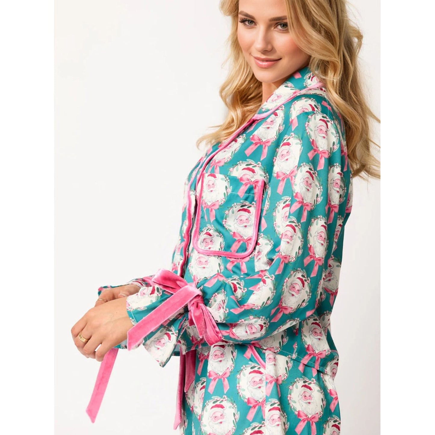 Tied Printed Collared Neck Long Sleeve Top and Shorts Set