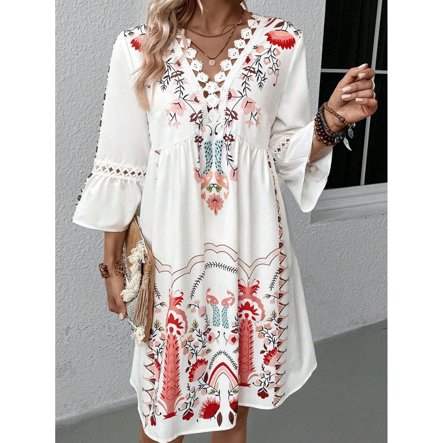 Lace Detail Printed Three-Quarter Sleeve Dress