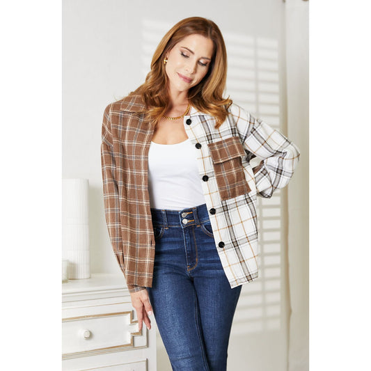 Double Take Plaid Contrast Button Up Shirt Jacket