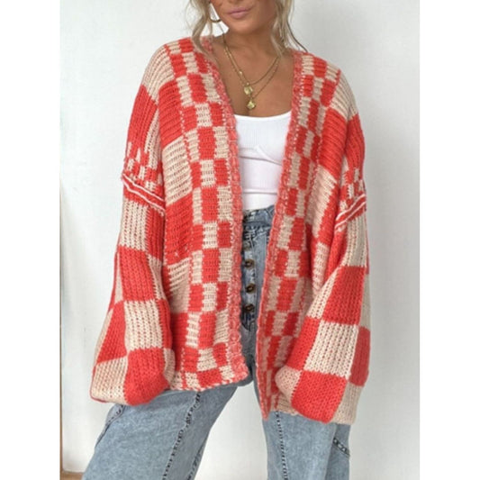 Plaid Open Front Long Sleeve Cardigan