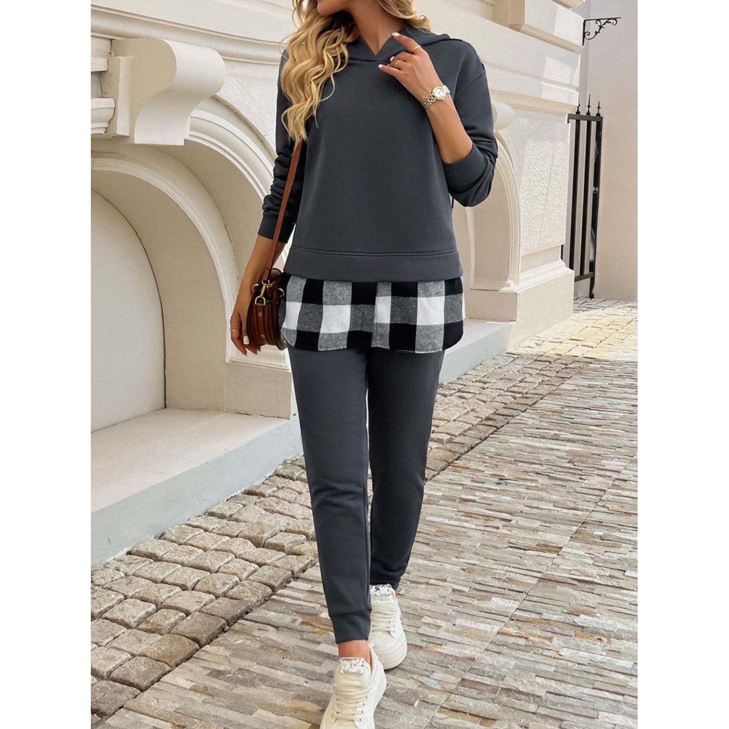 Devine Plaid Long Sleeve Hooded Top and Pants Set