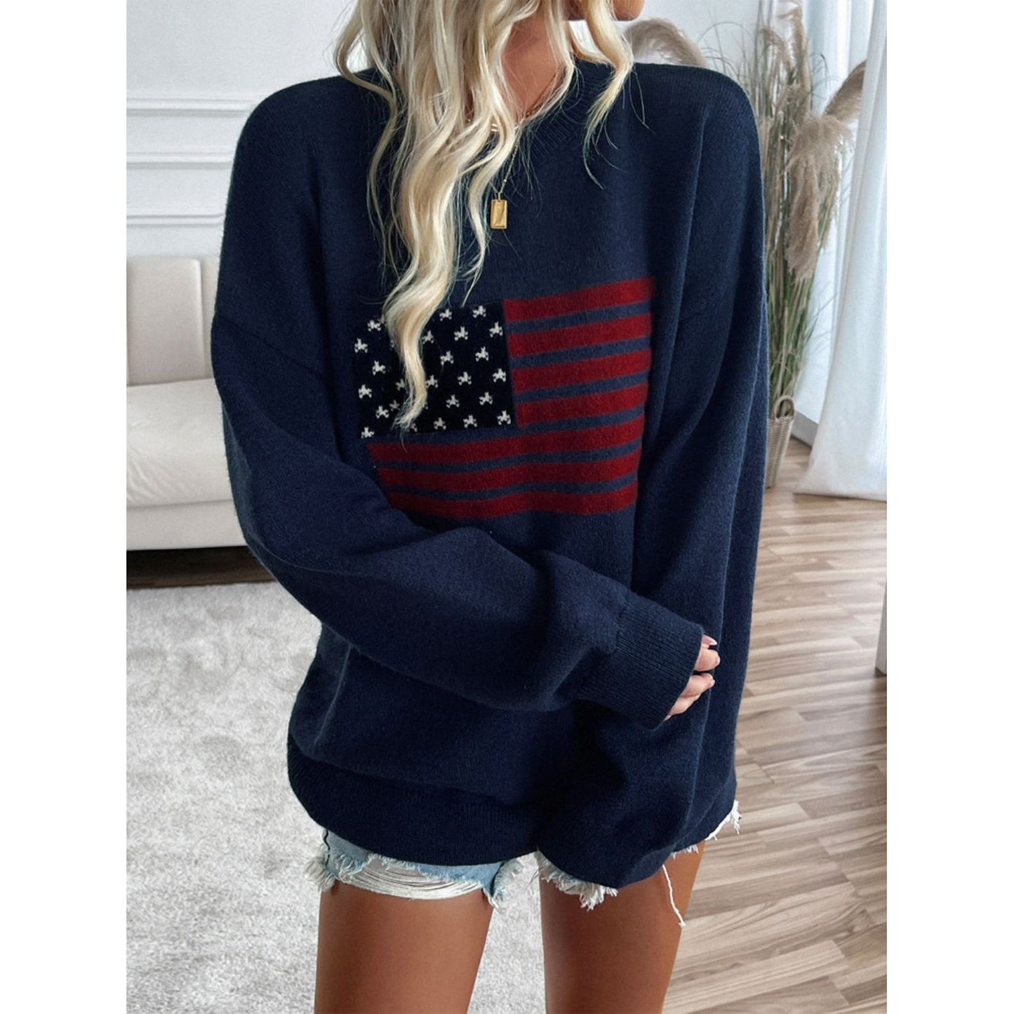 Devine US Flag Round Neck Long Sleeve Knit Top