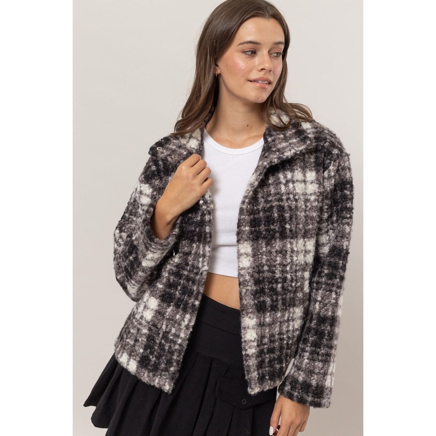 HYFVE Plaid Collared Neck Boucle Jacket with Pockets