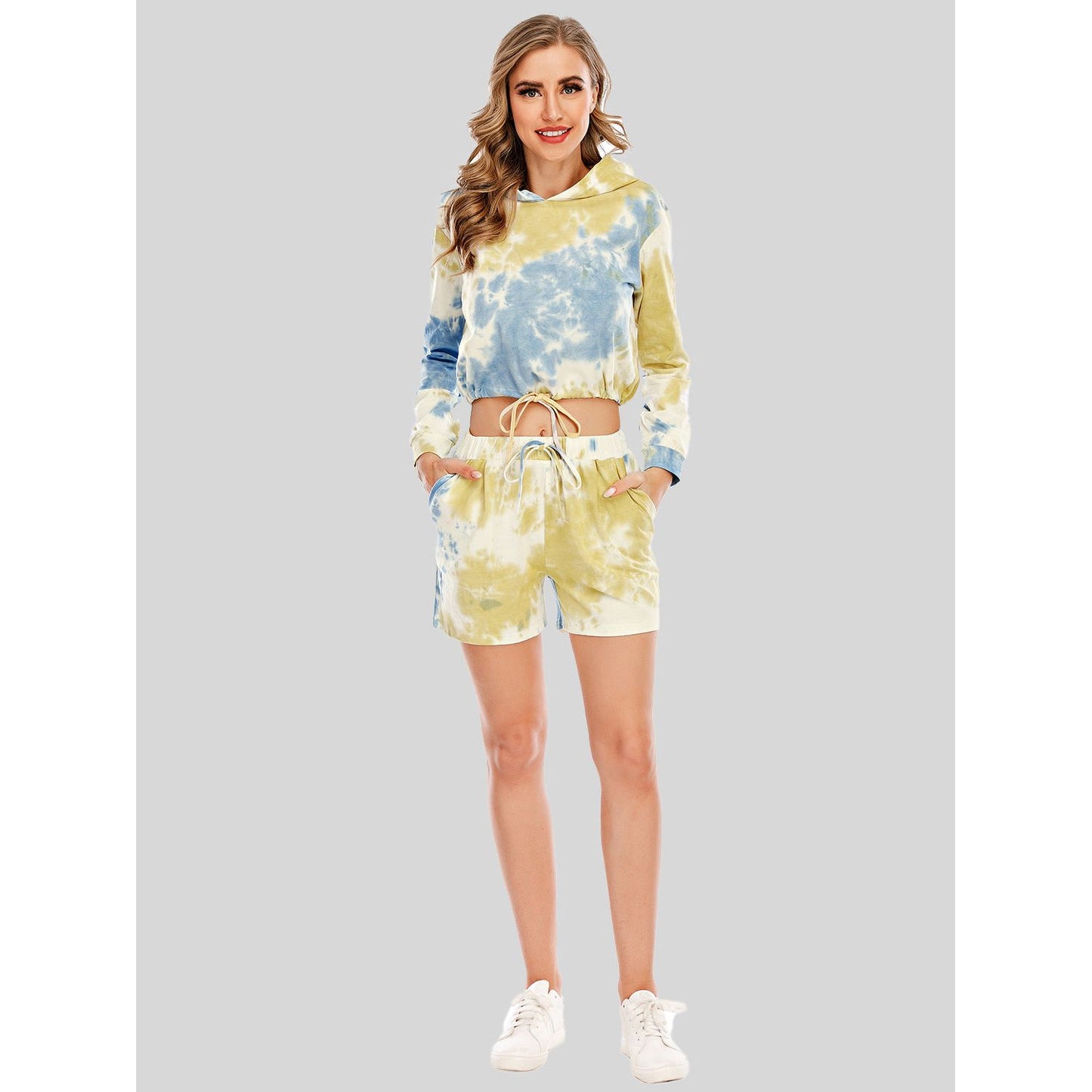 Tie-Dye Drawstring Hooded Top and Shorts Set