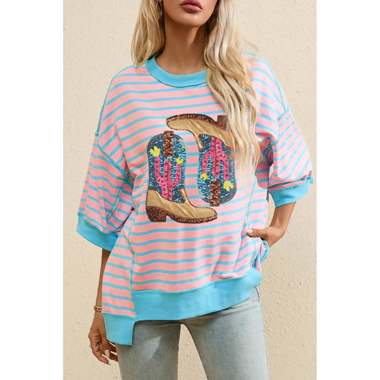 Boots Striped Round Neck Half Sleeve T-Shirt