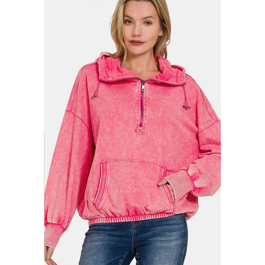 Zenana Drawstring Half Zip Dropped Shoulder Hoodie