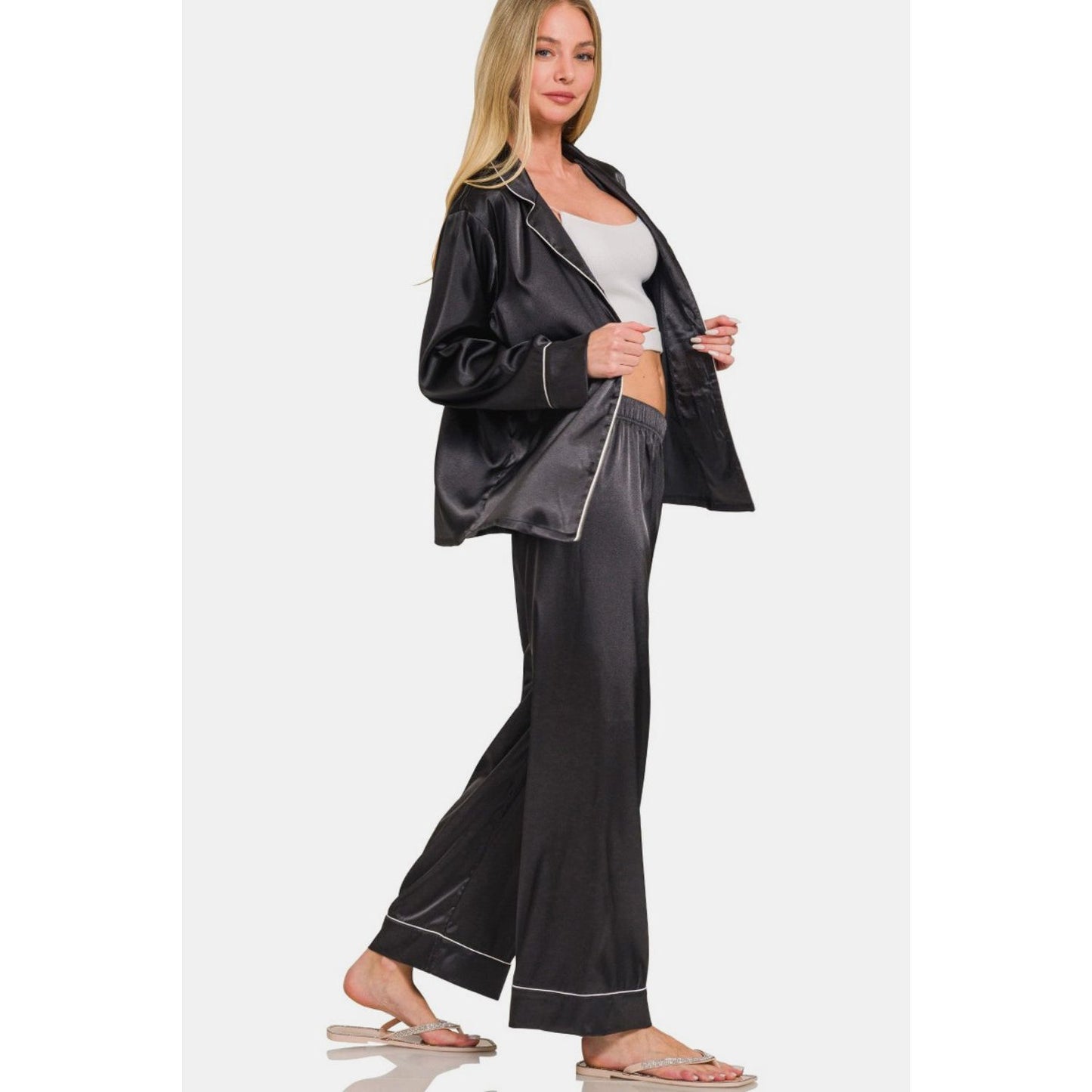 Zenana Satin Long Sleeve Shirt and Pants Pajama Set