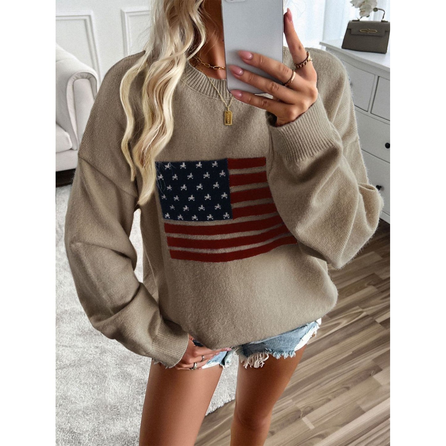 Devine US Flag Round Neck Long Sleeve Knit Top