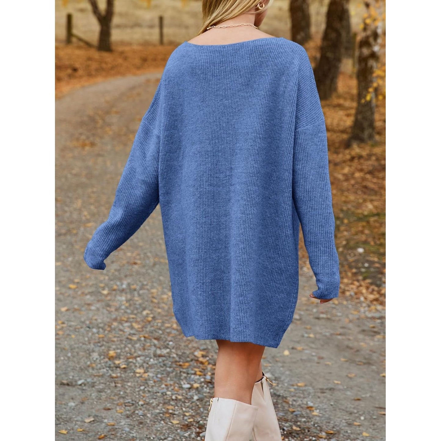 V-Neck Dropped Shoulder Sweater Dress