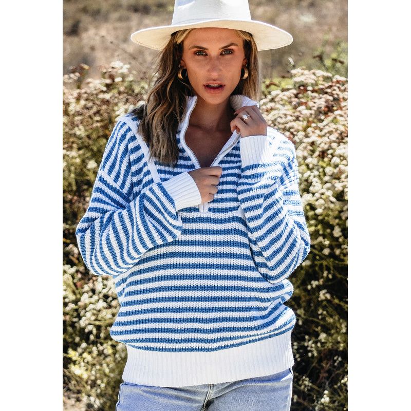 Striped Half Zip Mock Neck Long Sleeve Sweater