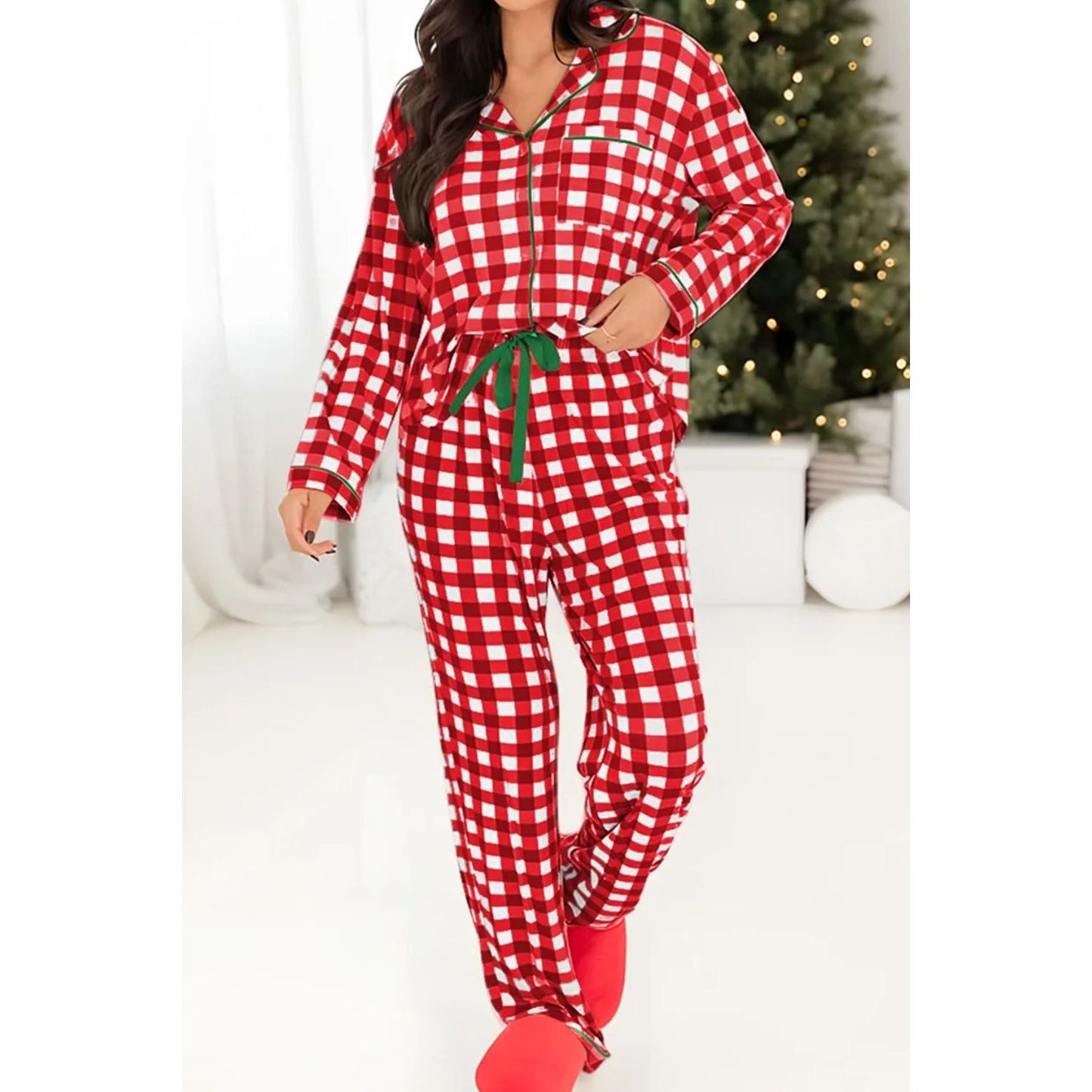 Contrast Piping Plaid Top and Pants Lounge Set