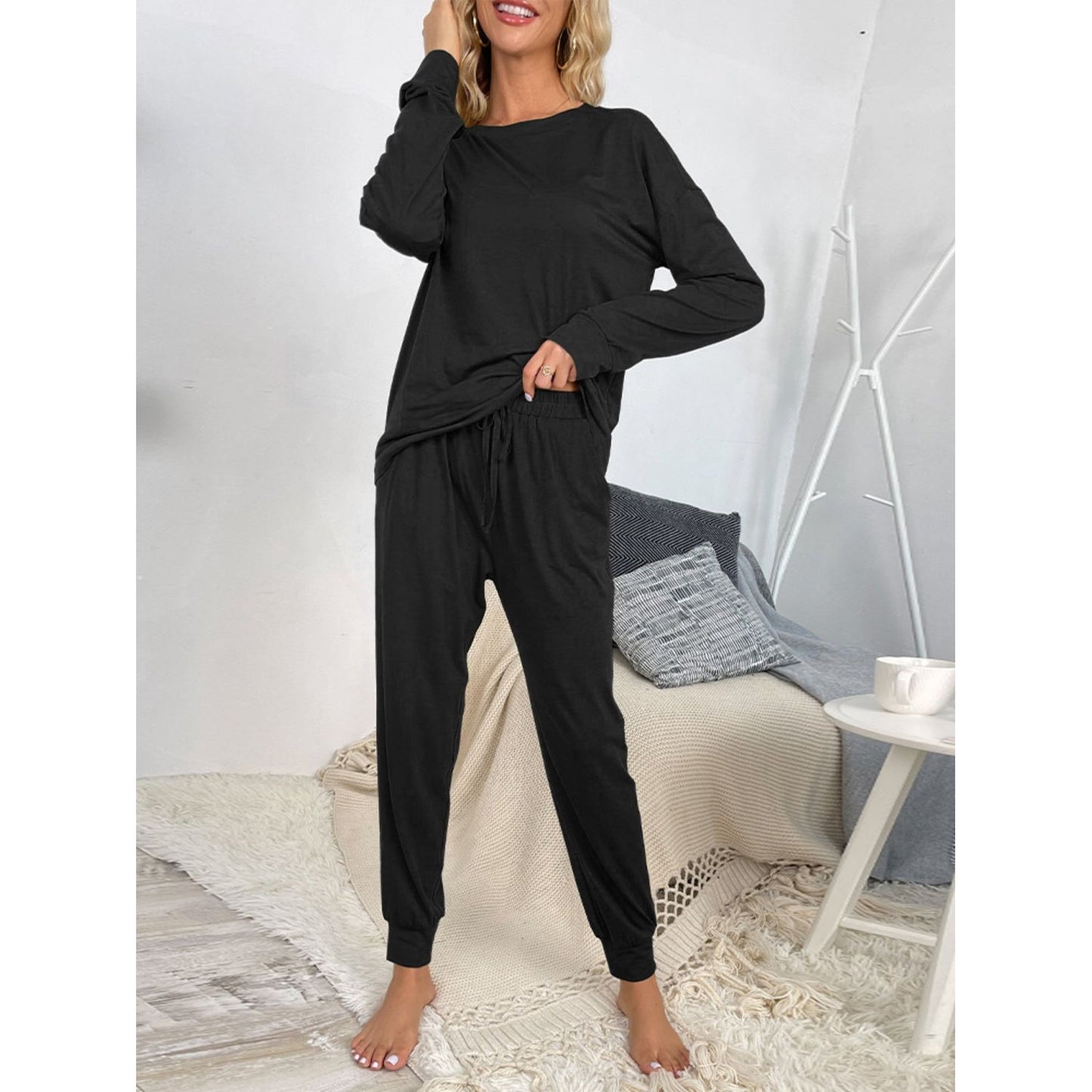 Shiny Round Neck Top and Drawstring Pants Lounge Set