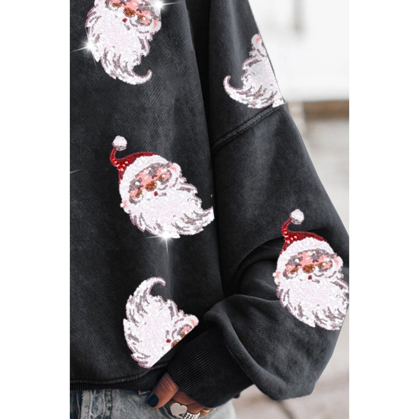 Sequin Santa Round Neck Drop Shoulder Sweatshirt