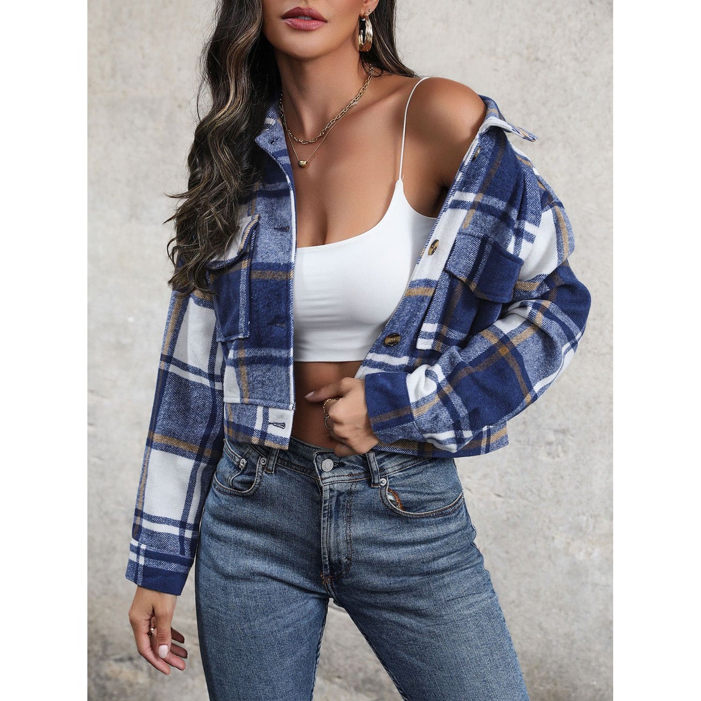 Perfee Plaid Button Up Drop Shoulder Cropped Jacket