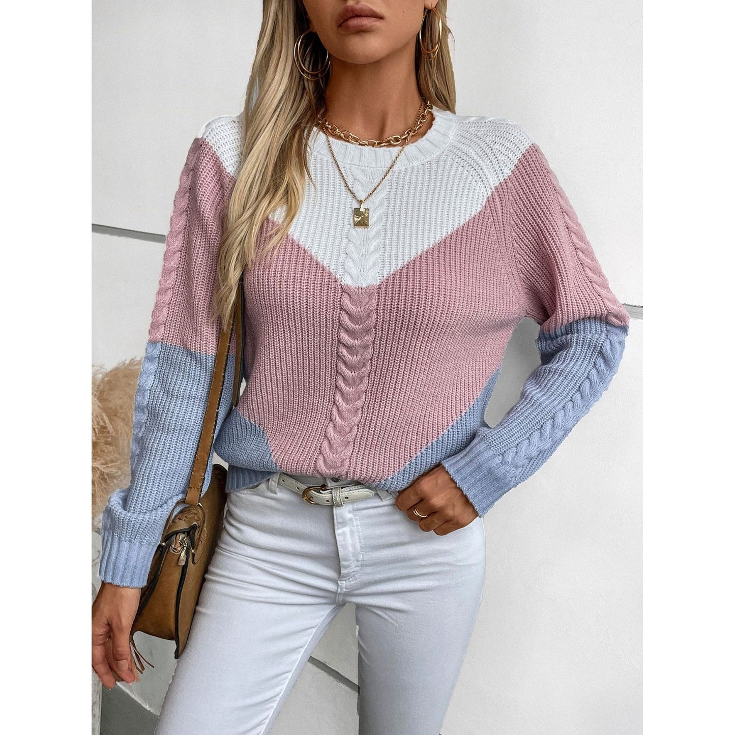 Color Block Round Neck Long Sleeve Sweater