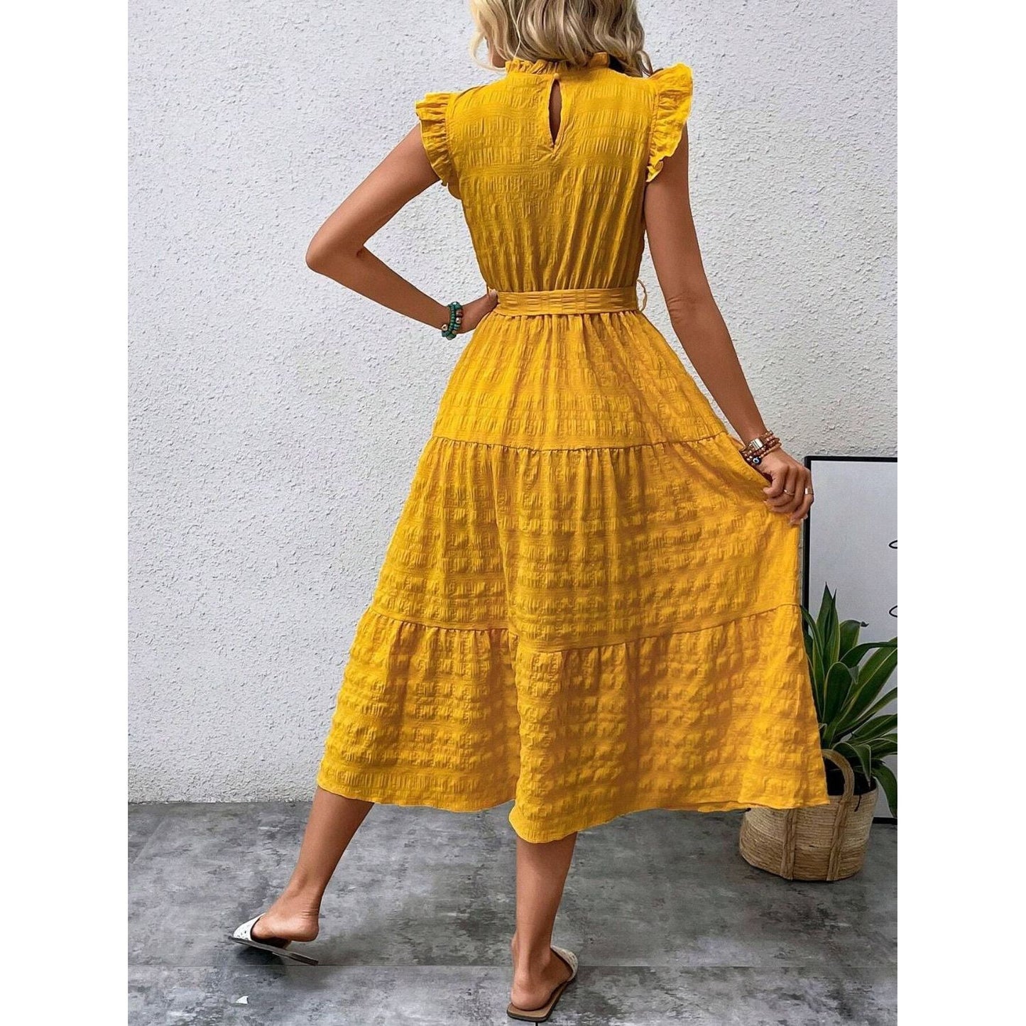 Tied Ruffled Cap Sleeve Midi Dress