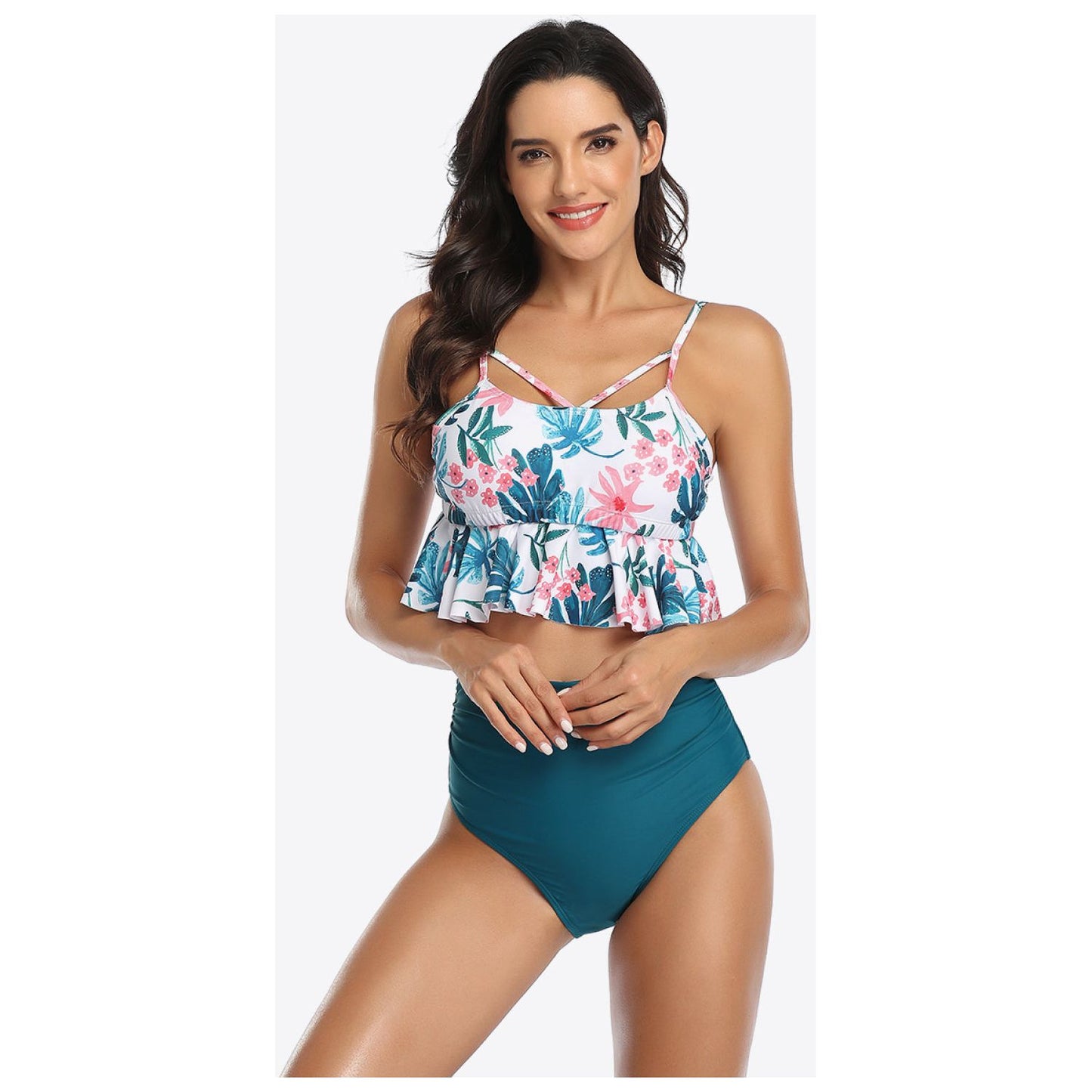 Tropical Print Ruffled Two-Piece Swimsuit