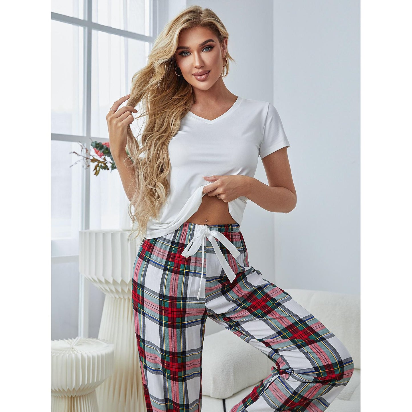 V-Neck Tee and Plaid Pants Lounge Set