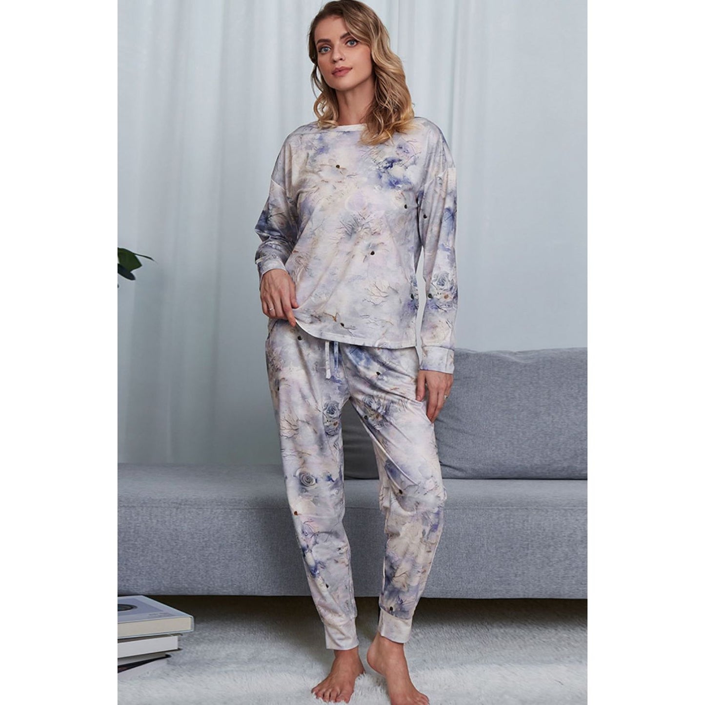 Shiny Tie-Dye Crewneck Top and Drawstring Waist Joggers Lounge Set