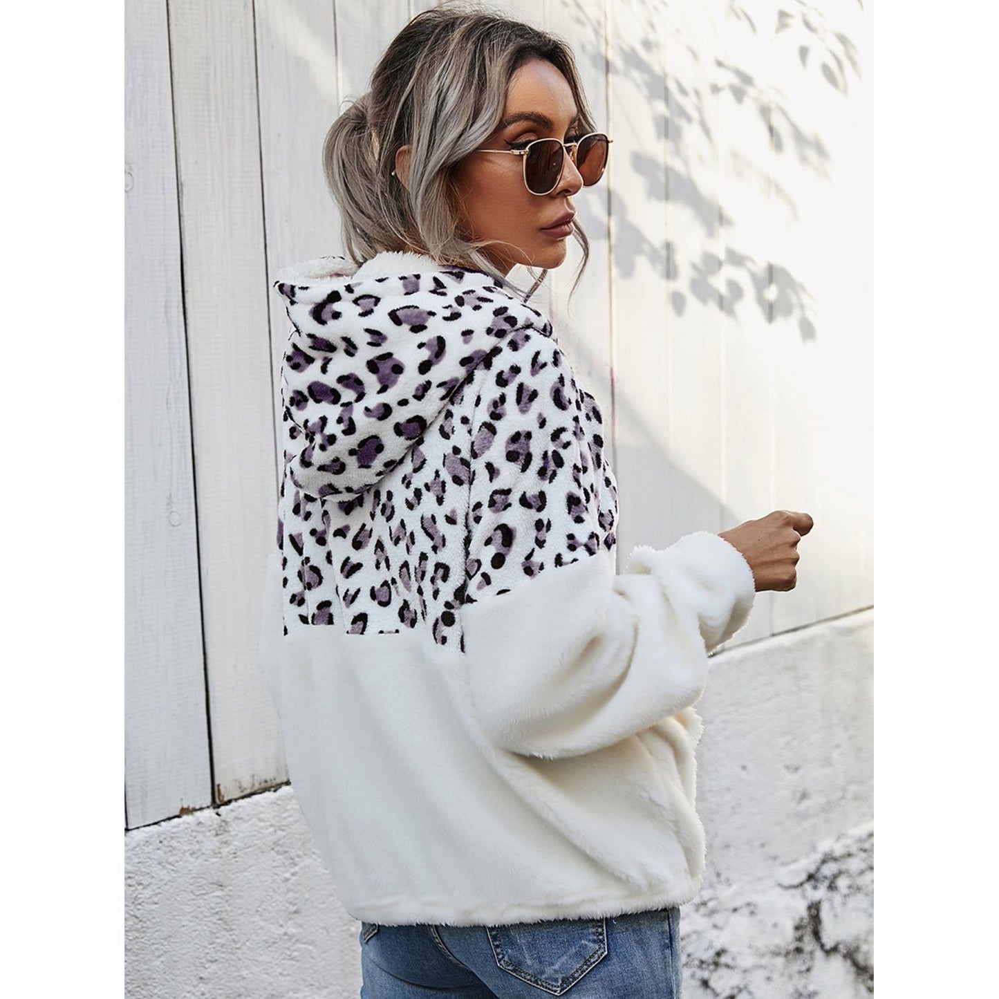 Shiny Leopard Half-Zip Dropped Shoulder Hoodie