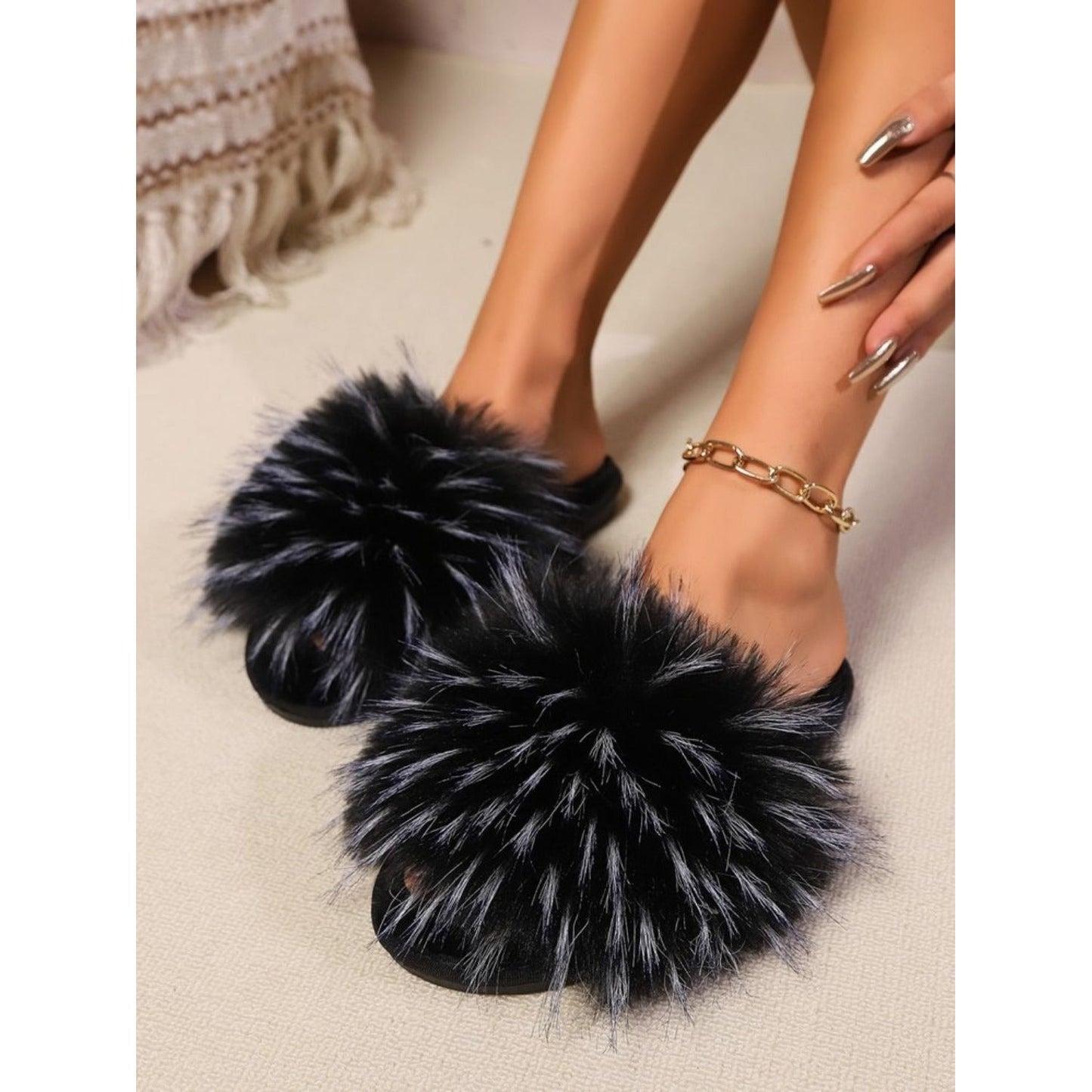 Fuzzy Open Toe Flat Sandals