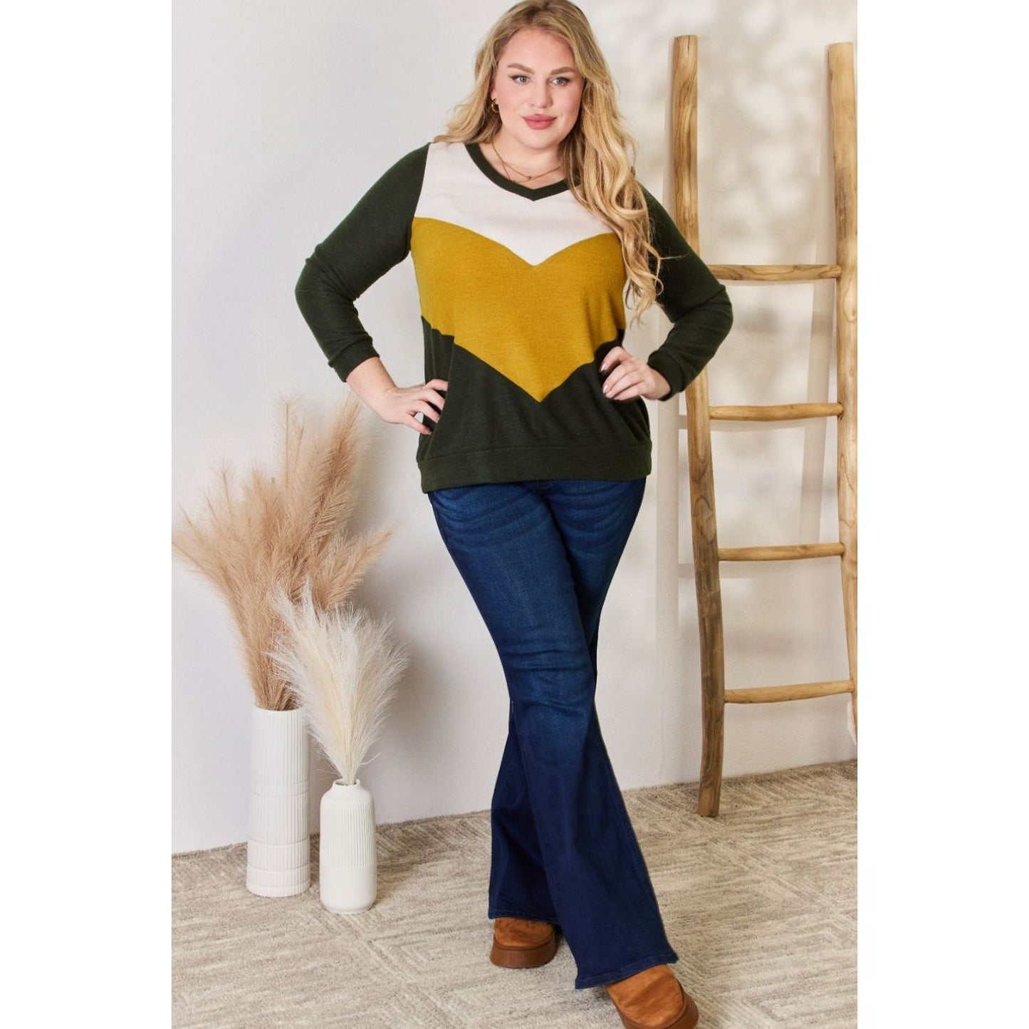 Hailey & Co Full Size Colorblock V-Neck Blouse