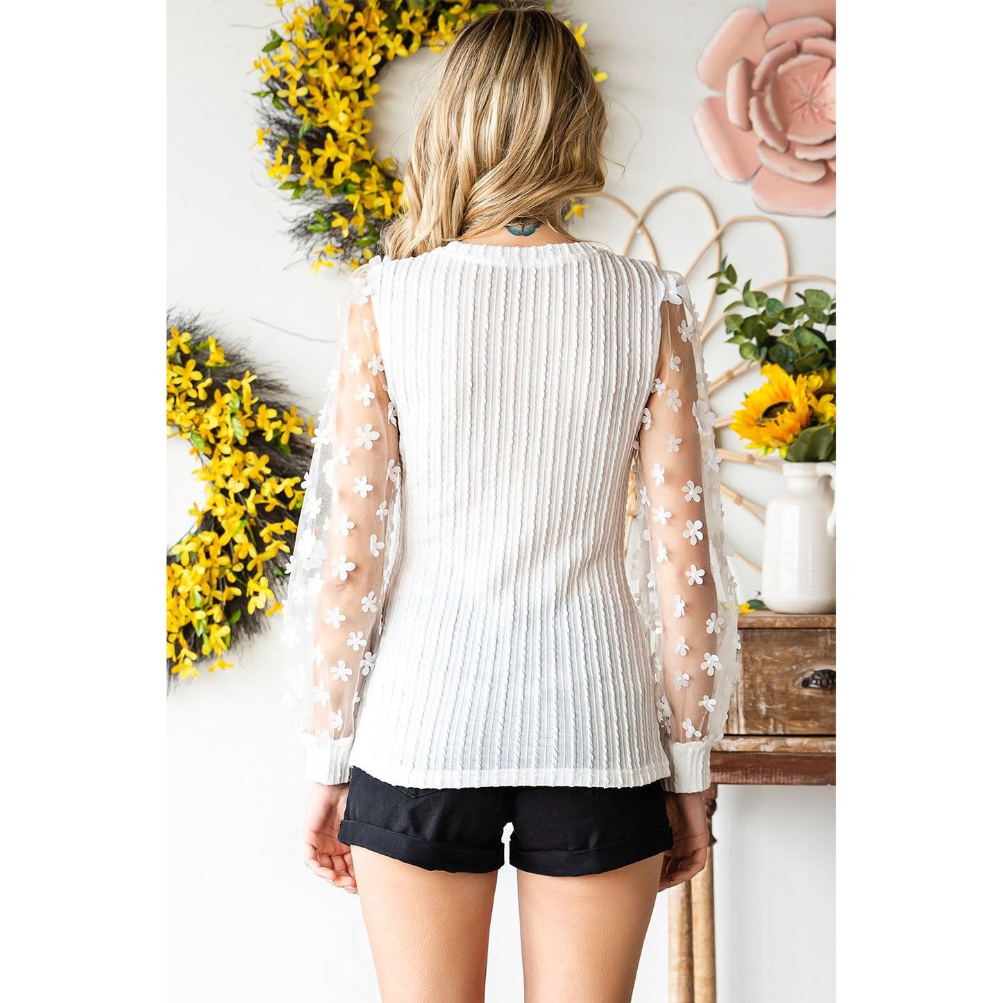 Double Take Textured Applique Long Sleeve Blouse