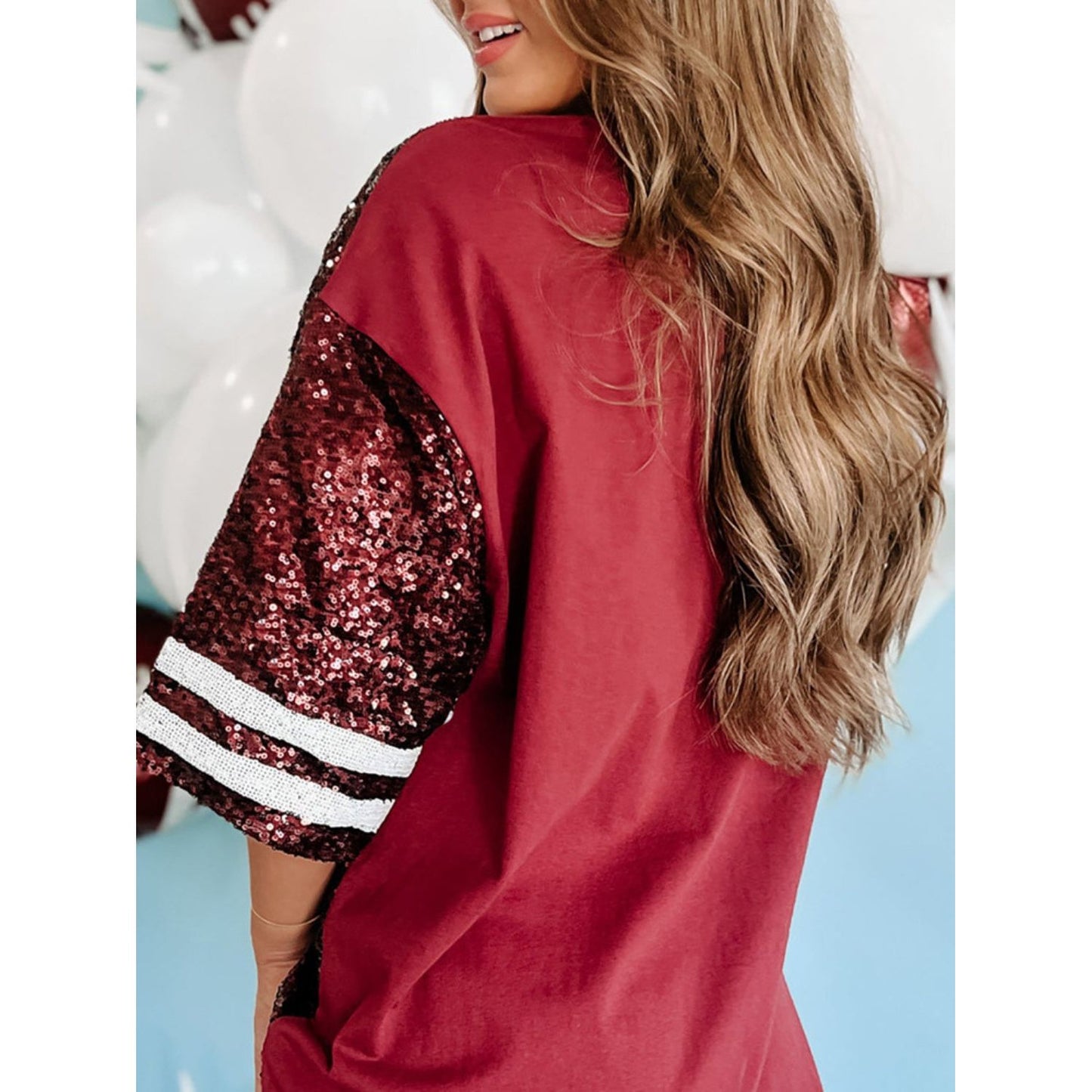 Sequin Football Round Neck Half Sleeve Oversize Top