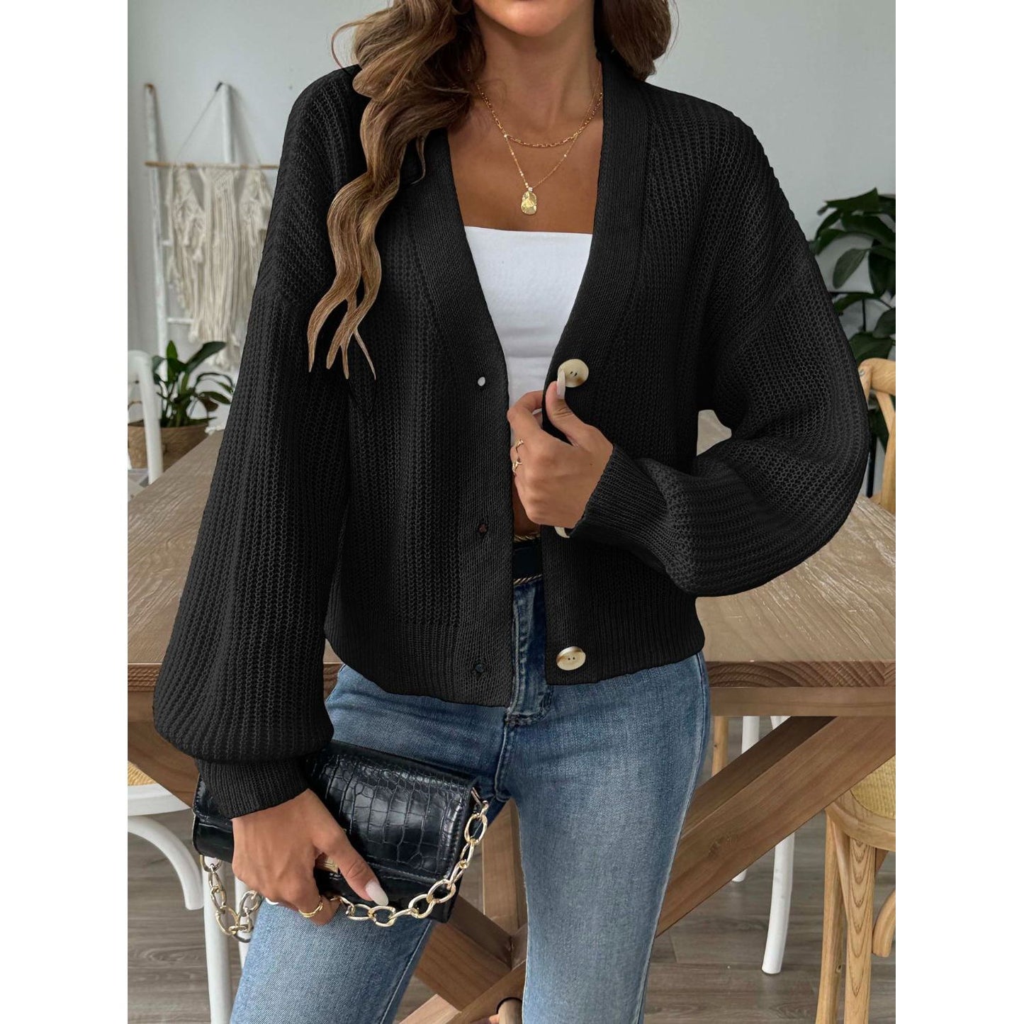 V-Neck Button Up Long Sleeve Cardigan