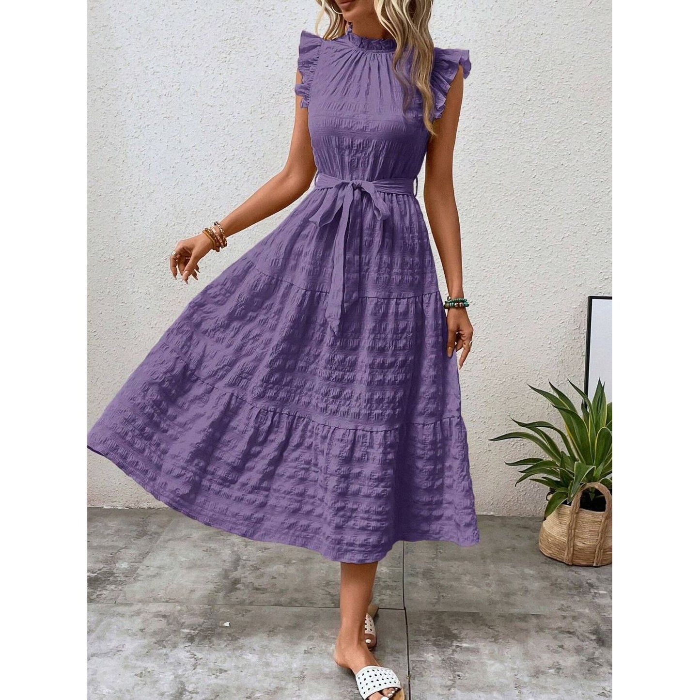 Tied Ruffled Cap Sleeve Midi Dress