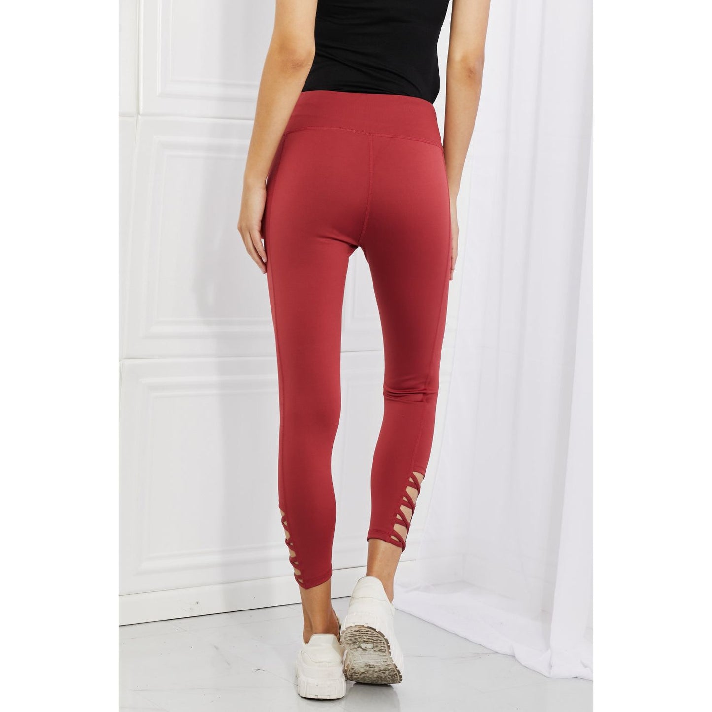 Yelete Ready For Action Full Size Ankle Cutout Active Leggings in Brick Red