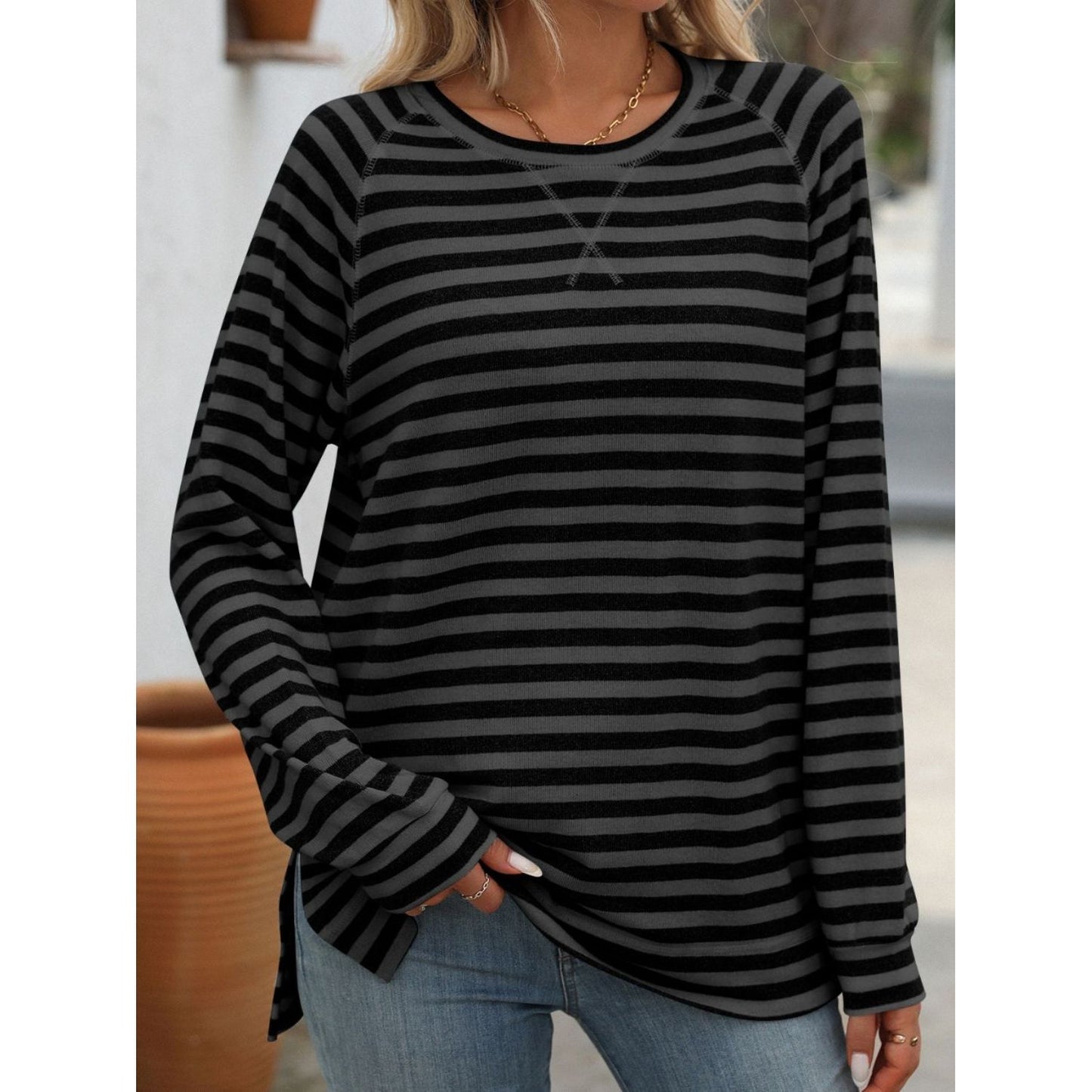 Mandy Striped Round Neck Long Sleeve T-Shirt