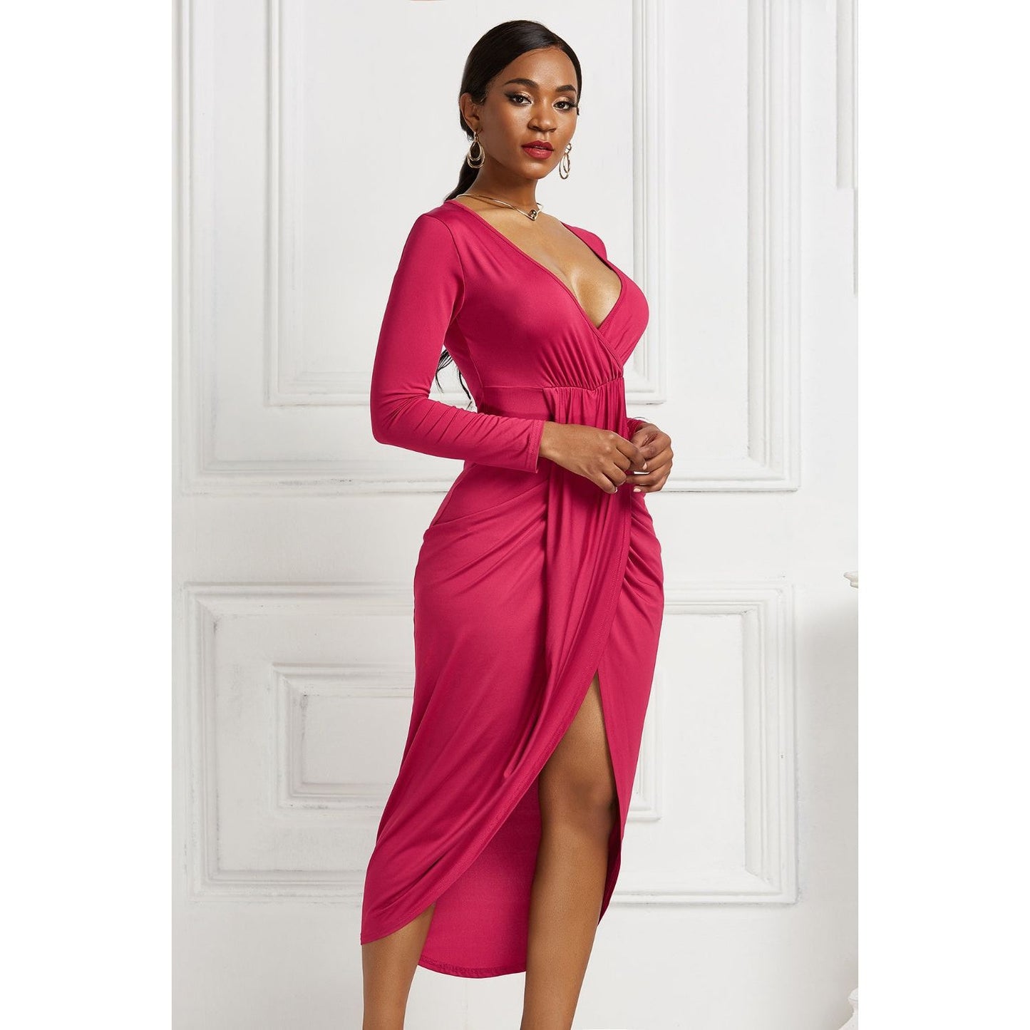 High-low Ruched Surplice Long Sleeve Dress